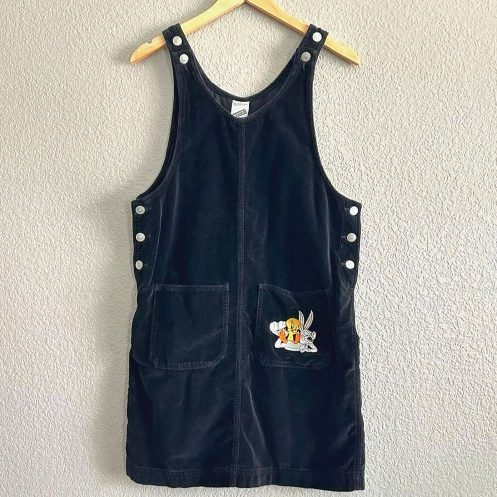 Vtg '98 Black Velvet Dress Jumper Overall Sz Small Warner Bros Bugs Bunny Tweety